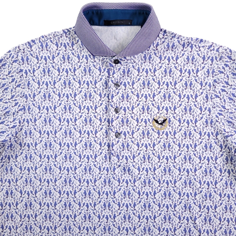 Greyson Polo Shirt Mens L Robert Trent Jones Blue White Ocean Curiosities Golf - Picture 1 of 10